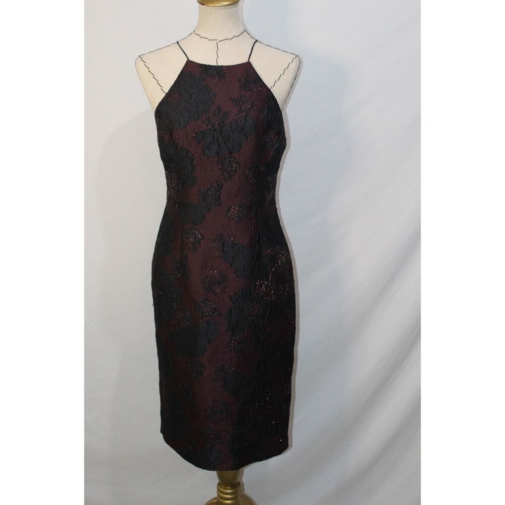 Vera Wang Burgundy Black Floral Brocade Halter Sheath Metallic Cocktail Evening